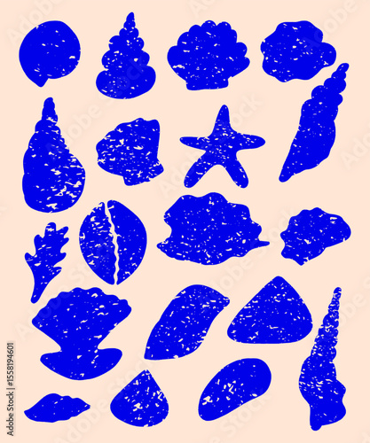 Seashells and starfish silhouette set, Crayon Sea shell collection, Chalk Underwater marine life sea shell, Blue grunge vector