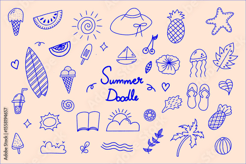Summer doodle isolated set, Abstract modern vector vacation elements, Hand drawn summertime outlines and line drawing