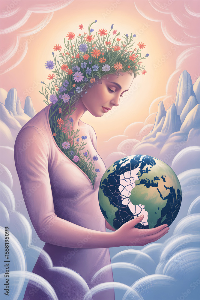 Naklejka premium Gentle woman with flowers growing from chest holding fragile broken world symbolizing nurturing strength and patience