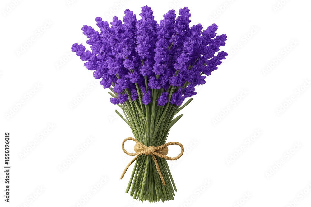 Fototapeta premium Beautiful bouquet of fresh lavender flowers tied with a rope, isolated on transparent background, ideal for aromatherapy, decoration, or beauty products