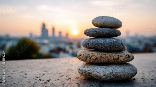 Mental health crisis in therapy and emotional balance concept. Balanced stones symbolize tranquility against a sunset backdrop.