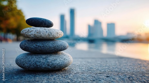 Mental health crisis in therapy and emotional balance concept. Balanced stones symbolize tranquility near modern city skyline.