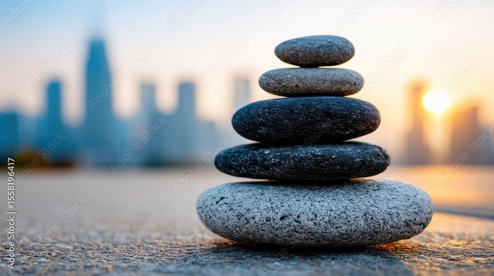 Mental health crisis in therapy and emotional balance concept. Stacked stones symbolize balance and tranquility in urban setting.