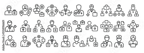 Medical Icon Set. Containing doctor, nurse, healthcare, medical team, hospital, stethoscope, health worker, clinic staff, and patient care icons. Solid icon collection.
