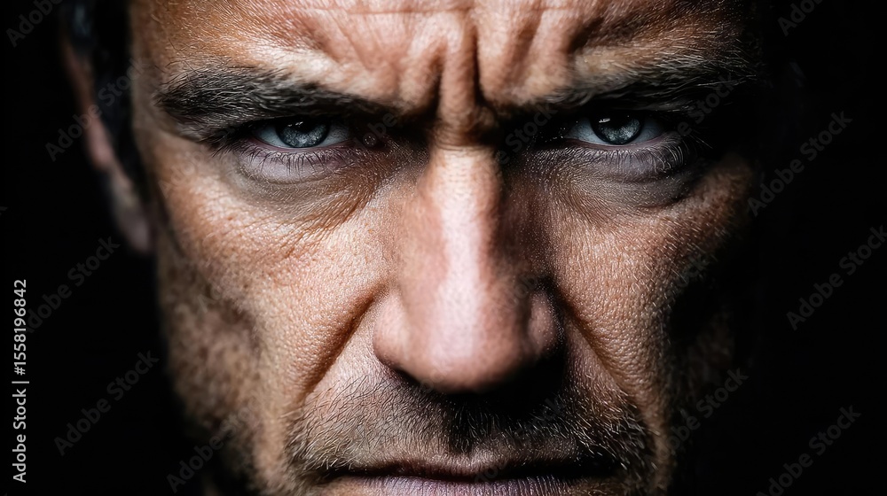 Fototapeta premium Psychological pressure focused on therapy and balance concept. Intense close-up portrait of a man with striking facial features.