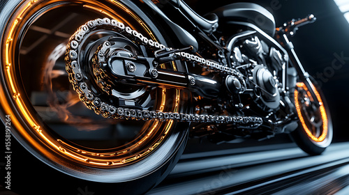 A close up of a motorcycle chain. The chain is silver and has many small silver balls on it. The chain is the main focus of the image and it is shiny and well-maintained