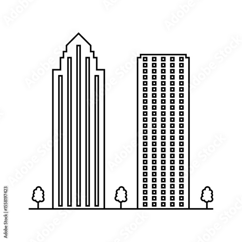 skyscrapers silhouettes, city tall buildings, residential and office houses exterior, luxury apartment block, downtown district commercial real estate