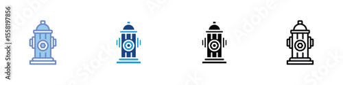Fire Hydrant Icon Set — Emergency Water Source Vector Illustration in Flat, Glyph, Line, and Duotone Style