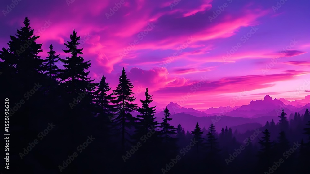 Naklejka premium Majestic purple sky over silhouetted pine forest pink clouds