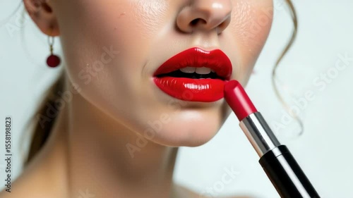 A close-up of a woman applying vibrant red lipstick to her lips, highlighting smooth skin and glossy makeup.