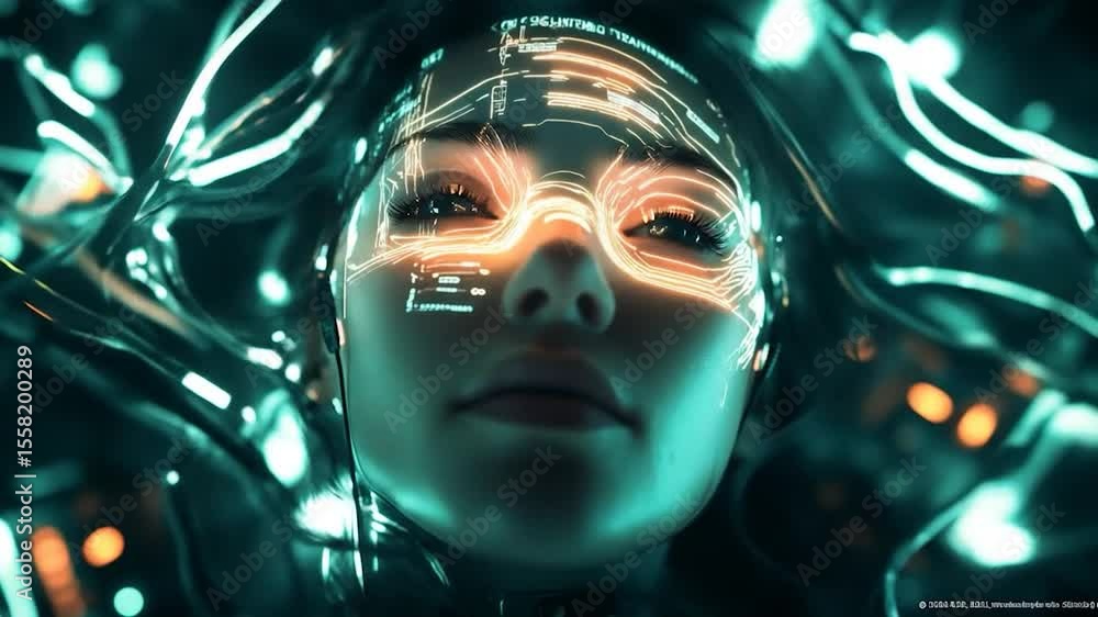 Futuristic Woman with Glowing Circuitry Overlay in Cyberpunk Style Video Frame Futuristic Woman with Glowing Circuitry Overlay in Cyberpunk Style Video Frame
