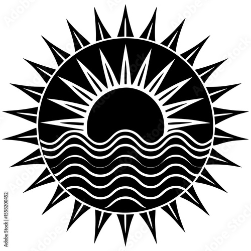 Sun Over Sea Vector | Generative AI & Linocut Silhouette Design