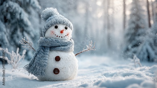 Winter Whimsy Snowman Smiles in Snowy Forest.