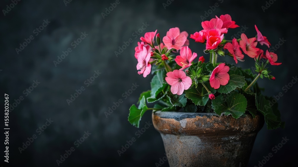 Bright geranium flowers in a pot bloom in clusters on top of lush green leaves on a black background. Bright geranium flowers in a pot bloom in clusters on top of lush green leaves on a black background.