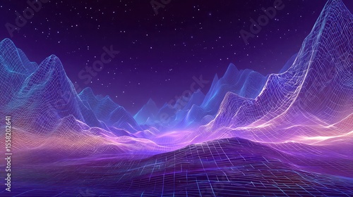 Wireframe dreamscape Digital mountains under a starry night sky.