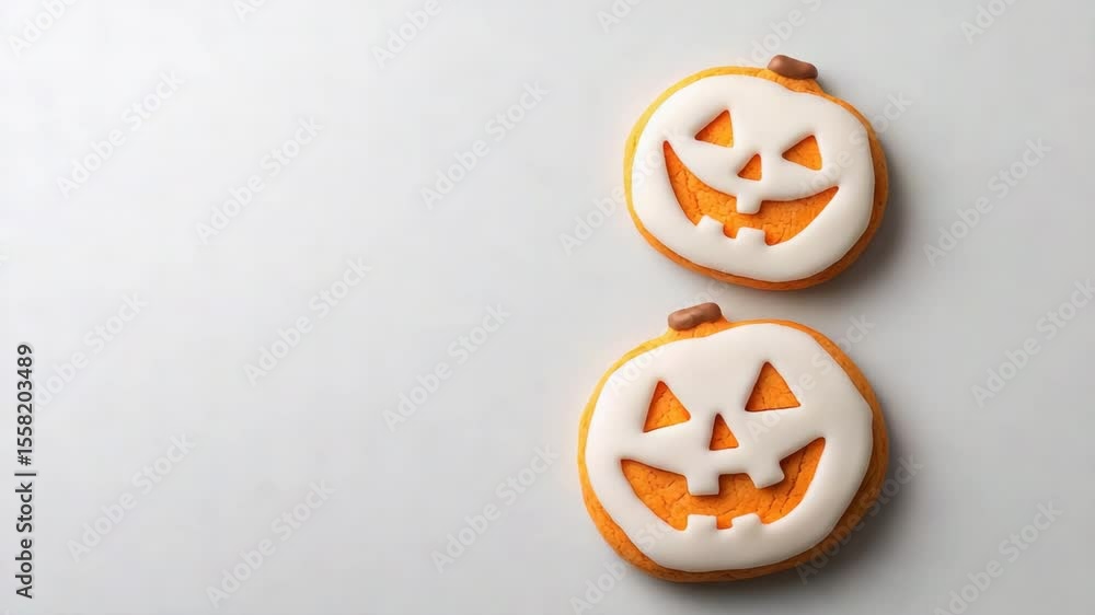 halloween concept. Two pumpkin-shaped cookies decorated with white icing jack-o'-lantern faces on a light background. halloween concept. Two pumpkin-shaped cookies decorated with white icing jack-o'-lantern faces on a light background.