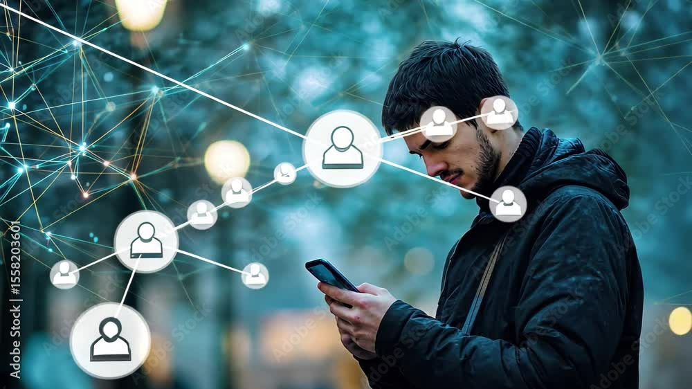 Man engaged in networking activity using his mobile phone outdoors at night with illuminated surroundings, Man viewing his networks on his cellular phone