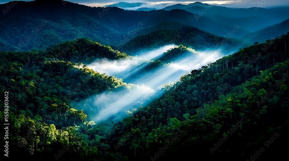 Obraz premium Tranquil Morning Light Shining Through Misty Mountain Forest Landscape in Nature