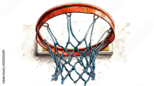 Close up illustration of basketball hoop with blue net, showcasing texture and details of rim and netting. background is simple white, emphasizing hoop