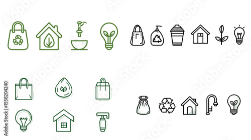 Eco-friendly icon collection including reusable bags, green energy homes, recycling, and sustainable living elements in flat vector outline style.

