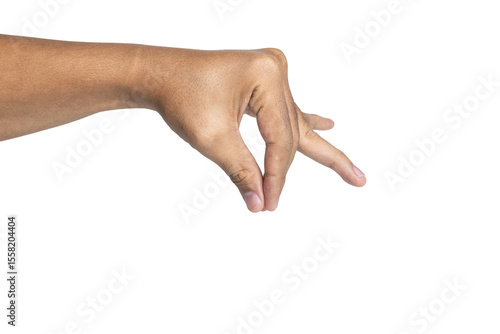 Tableau sur toile male hand gesture sprinkling salt or spices or hold something isolated on white