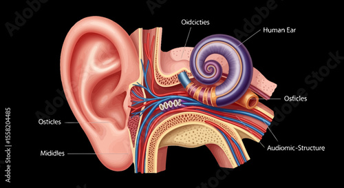 Detailed Cross Section Illustration of the Human Ear on Black Background