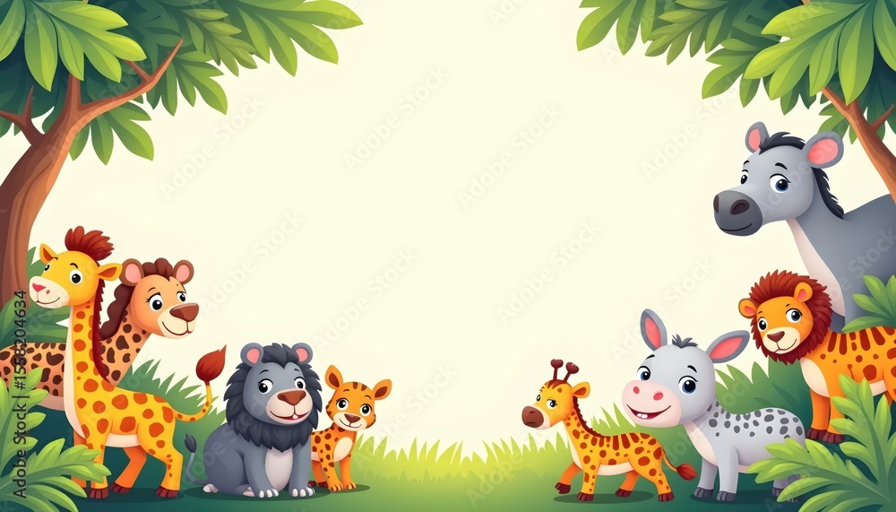 Naklejka premium Animal jungle themed frame cartoon animals empty center space