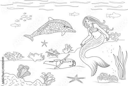 Detailed underwater scene coloring page featuring a graceful mermaid, a playful dolphin with star patterns, various fish, coral reefs, starfish, and hidden treasures on the ocean floor.