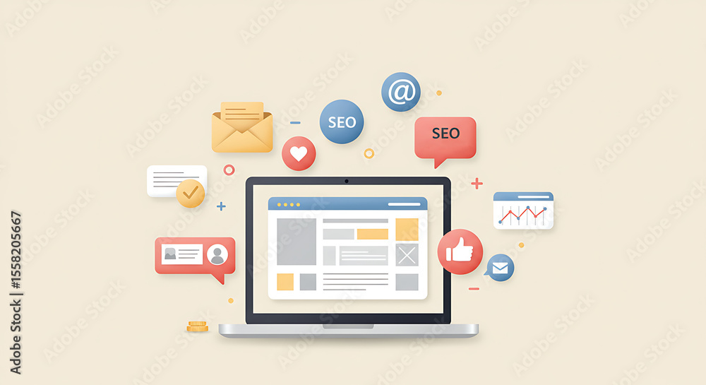 Modern SEO Optimization Illustration Featuring Laptop and Strategy Icons for Digital Marketing and Business Growth Modern SEO Optimization Illustration Featuring Laptop and Strategy Icons for Digital Marketing and Business Growth