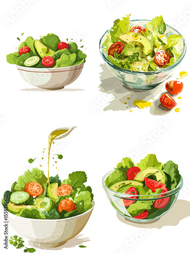 Fresh salad bowl illustrations with avocado, lettuce, tomato, and dressing—great for healthy food content, restaurant menus, and nutrition promotions.

