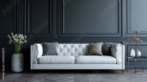 Luxury elegant dark living room interior with white sofa mock up, modern interior background, empty black wall mockup, 3d illustration.