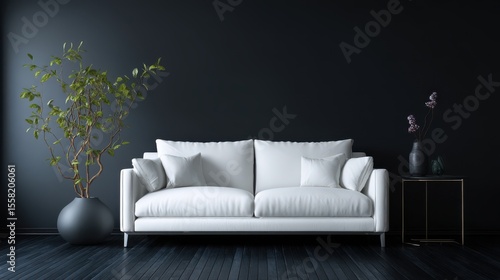 Luxury elegant dark living room interior with white sofa mock up, modern interior background, empty black wall mockup, 3d illustration.