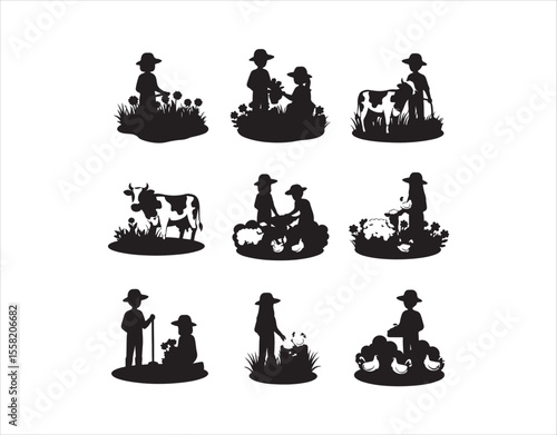 Farm workers. Animated farmers taking care of pets, sowing seeds and blossoms. Young guys and gals toiling in the garden

