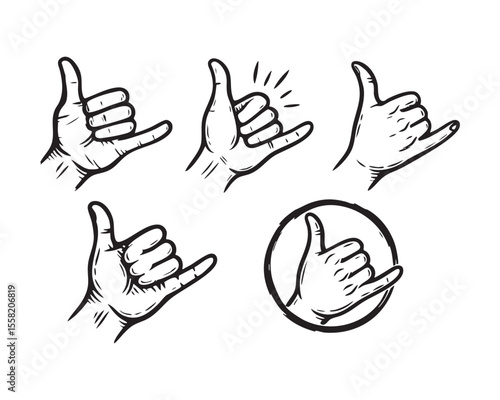 Vector Shaka Hand Sign Icon Set in Fun Sketch Style