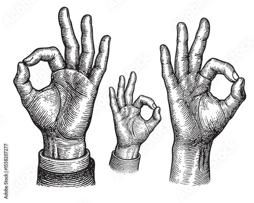 OK Hand Sign Icon Set in Vintage Etching Vector Style