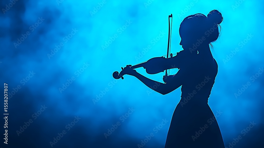 Fototapeta premium Silhouette of a Female Violinist Playing in Dramatic Blue Lighting with Smoke Background