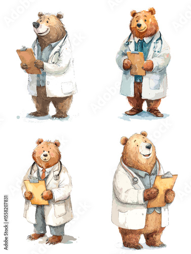 Friendly bear doctor characters in white coats holding clipboards—adorable and warm watercolor illustrations perfect for children’s books, healthcare themes, or mascots.

