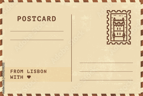 From Lisbon postal card template. Vector grungy vintage style postcard illustration with stamp, tower, landmark, message. Simple flat greetings image layout