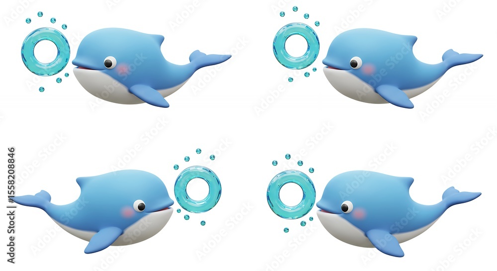 Fototapeta premium Four cute whale illustrations blowing rings