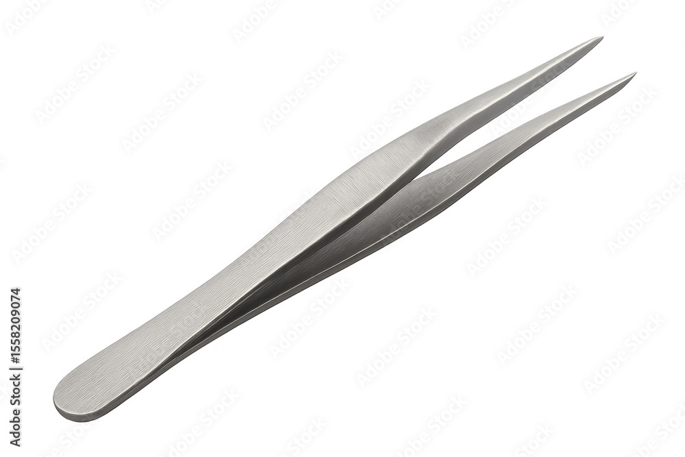 Metal tweezers lying diagonally on a clear background, poised for precise tasks in beauty, grooming, or laboratory applications Metal tweezers lying diagonally on a clear background, poised for precise tasks in beauty, grooming, or laboratory applications