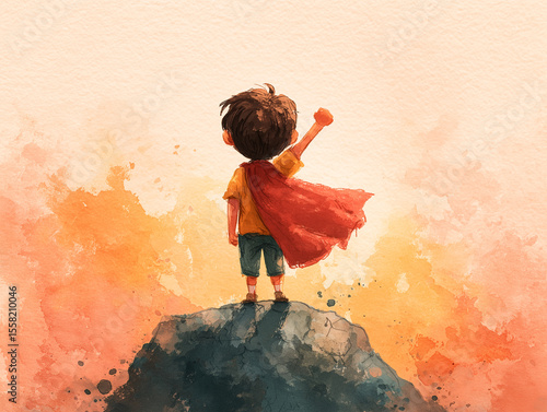 young boy stands triumphantly rock, wearing red cape and raising his fist gesture of courage and determination. background features vibrant watercolor effect with warm colors, symbolizing hope and