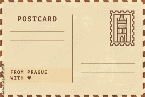 From Prague postal card template. Vector grungy vintage style postcard illustration with stamp, tower, landmark, message. Simple flat greetings image layout