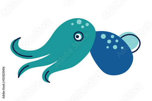 Flat cartoon vector illustration of cute bobtail squid in kids style. Colorful marine character with round body and big eyes for ocean childrens designs, sea life education, underwater decor