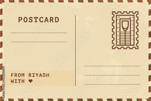 From Riyadh postal card template. Vector grungy vintage style postcard illustration with stamp, tower, landmark, message. Simple flat greetings image layout