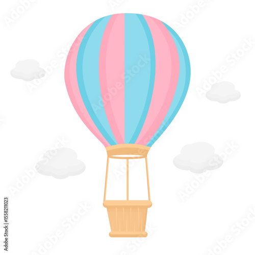 Pastel Blue and Pink Hot Air Balloon Illustration with Rattan Basket Detail, Perfect for Travel Themes, and Educational Posters