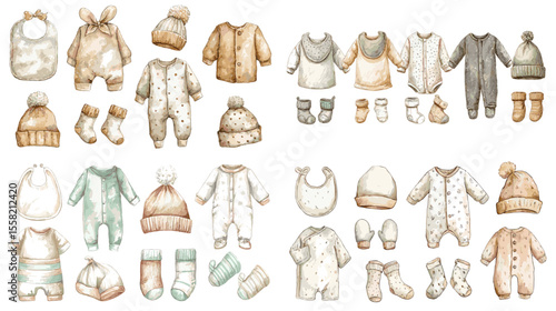 Soft watercolor baby clothing set including hats, onesies, bibs, mittens, and socks—perfect for baby shower invitations, nursery prints, and newborn branding.

