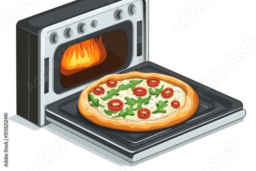 Cartoonish Illustration of a Pizza Baking in an Oven with Flames and Fresh Ingredients Emphasizing Culinary Arts and Kitchen Lifestyle Themes