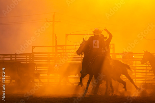 Fotografía Rodeo Cowboy Competing at Sunset with Lasso on Horseback
