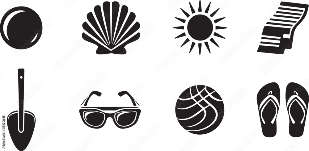 Beach Vacation Icon Set. Summer Holiday Monochrome Vector Symbols Beach Vacation Icon Set. Summer Holiday Monochrome Vector Symbols