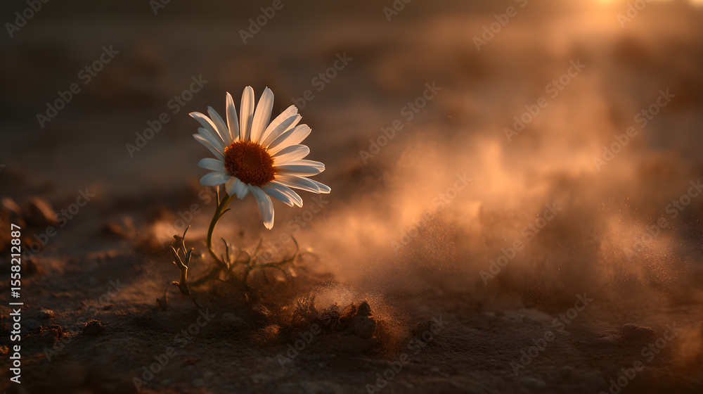 Fototapeta premium Daisy Thriving in Arid Land: A resilient daisy stands as a testament to hope, its petals reaching towards the sun amidst a dry and barren landscape.